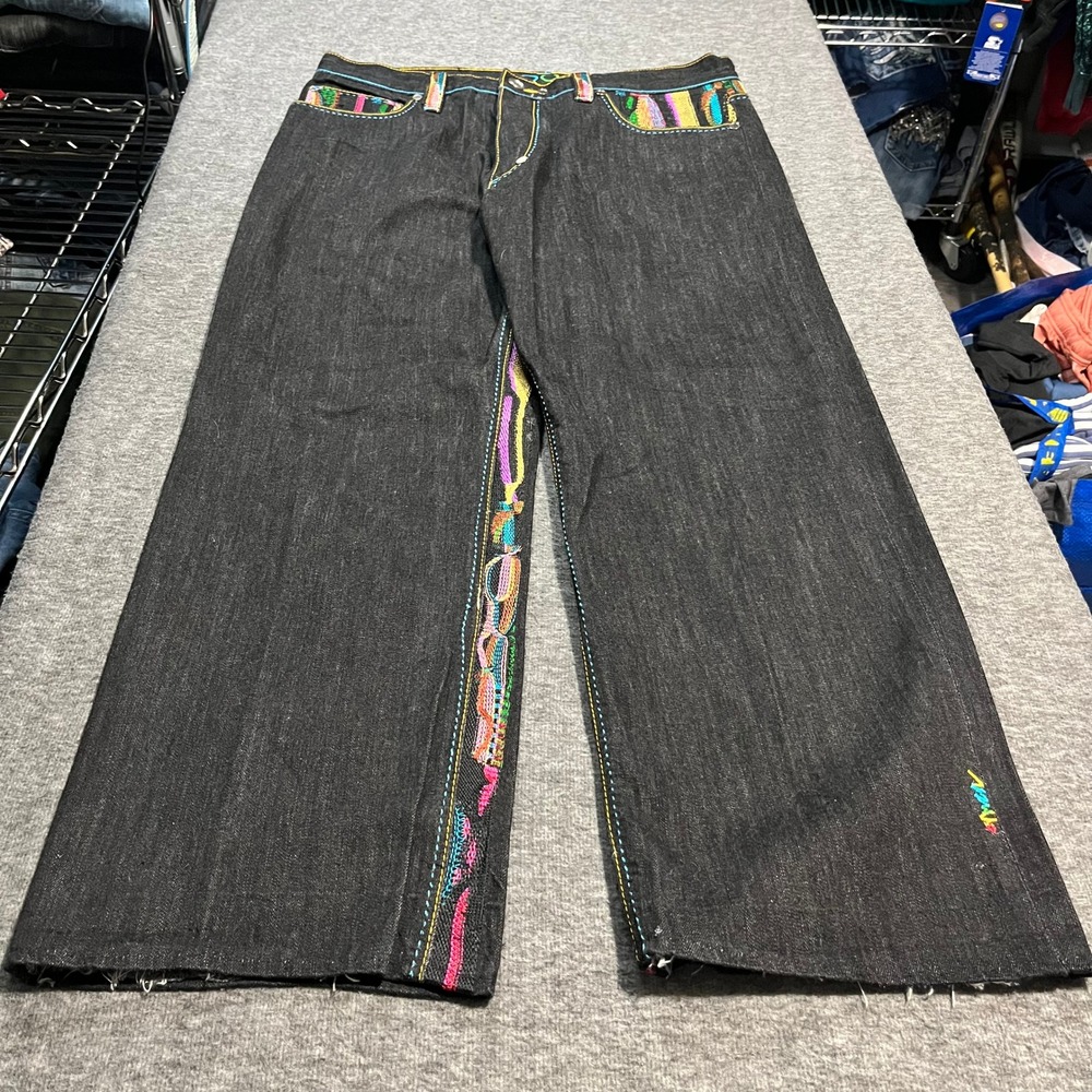 Coogi Mens 38x32 Graphic Sweater Embroidered Jeans Dark Wash Denim Multi Color - Picture 2 of 7